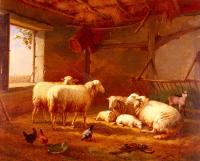 Verboeckhoven, Eugene Joseph - Sheep With Chickens And A Goat In A Barn